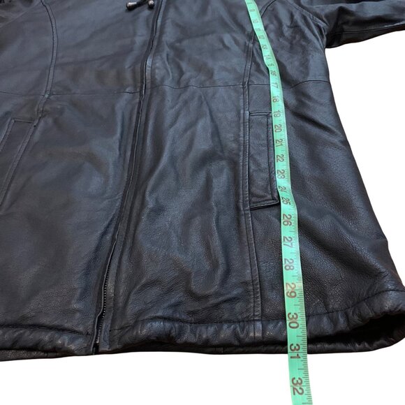 Black Hooded Leather Jacket w/ Faux Fur Lining & Cuffs Womens SZ L *NO BELT* - Picture 6 of 6